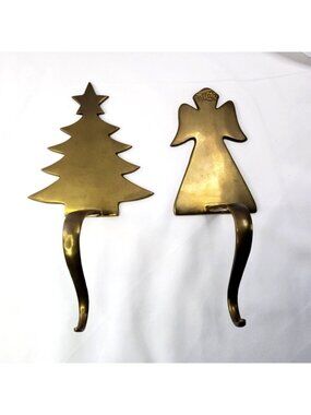 Vintage Christmas Tree & Angel Brass Stocking Holders 11" Christmas Decor